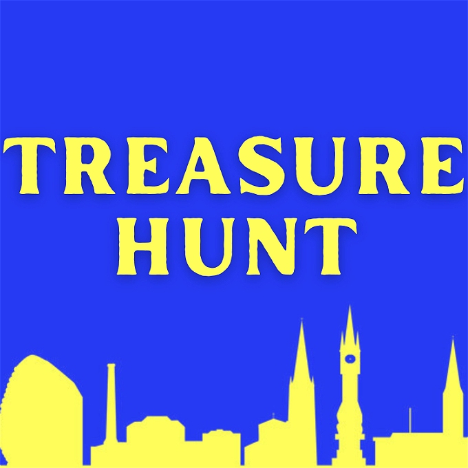 The words 'Treasure Hunt' above the Leicester skyline in colours reminiscent of Bananaman